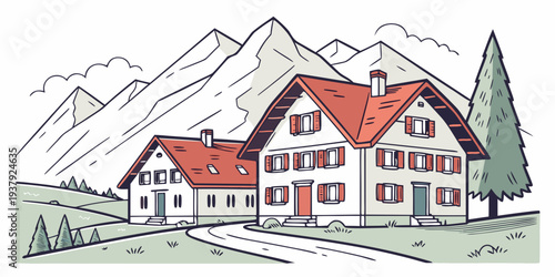 A charming, rustic house nestled in a picturesque mountain landscape with a cozy cabin feel. Vector