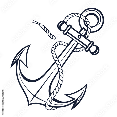 A detailed illustration of an anchor with a rope wrapped around it. Vector