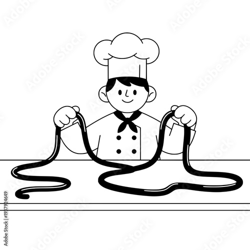 Chef with Chocolate Line Art Illustration or Confectioner Tempering Chocolate Minimalist Graphic