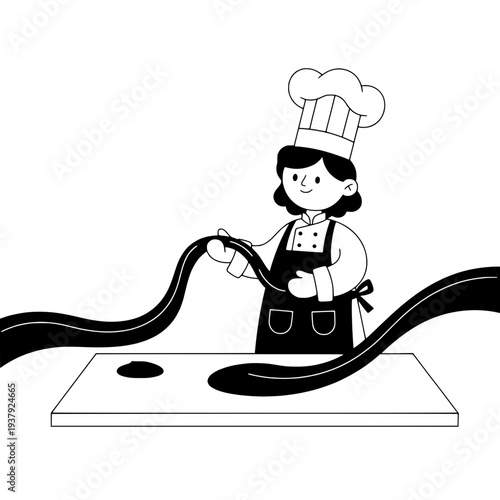 Chocolate artisan linear graphic element or Chef preparing chocolate simple line art