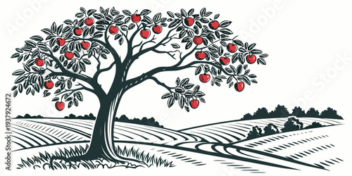 A serene landscape featuring a large tree with vibrant red leaves on a hillside Vector