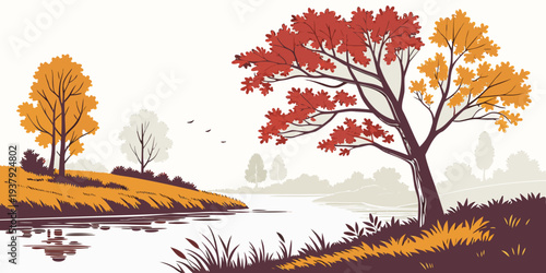 A serene autumn landscape with vibrant trees and a winding path Vector