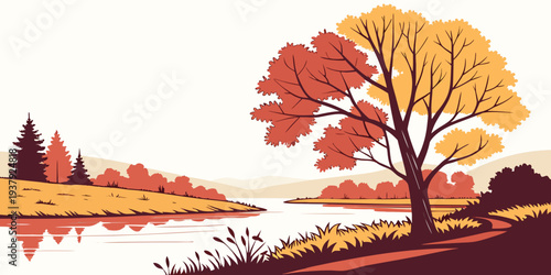 A serene autumn landscape with vibrant trees and a calm lake reflecting the colorful surroundings Vector