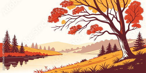 A serene autumn landscape with vibrant fall colors reflecting on a calm lake. Vector