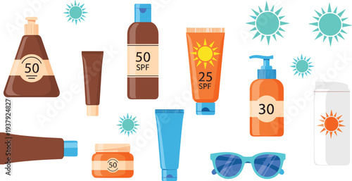 Comprehensive Sunscreen and Sun Protection Set Featuring Various SPF Lotions Creams Sprays and Sunglasses for Safe Summer Skin Care.