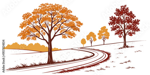 A serene winter scene with snow-covered trees and a winding path in a park. Vector