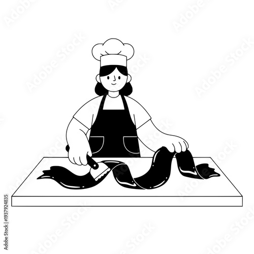 Chocolate tempering illustration graphic or Artistic confectioner preparing dessert graphic