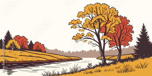 A scenic landscape featuring a vibrant autumn tree with colorful foliage Vector