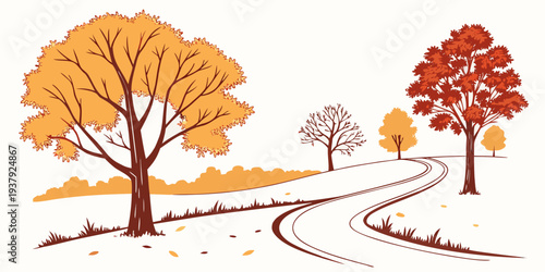 A serene autumn scene with trees shedding their colorful leaves on a winding path. Vector