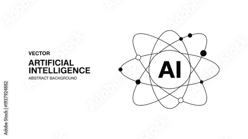 Future cybernetic artificial intelligence technology concept, AI logo on circuit frame with atomic rotation, deep learning, modern engineering and internet systems, high-tech vector illustration.