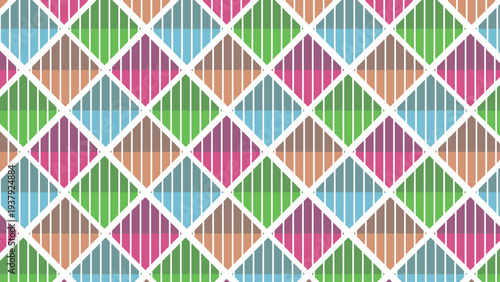 A vibrant seamless geometric pattern featuring an array of colorful striped diamonds in pink, green, blue, orange, and purple on a white background.