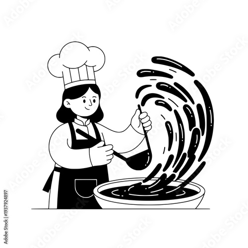 Chocolate tempering illustration graphic or Chef illustration in minimal doodle style