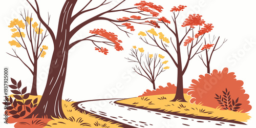 A serene autumn scene with trees shedding their leaves and a calm river flowing beneath. Vector