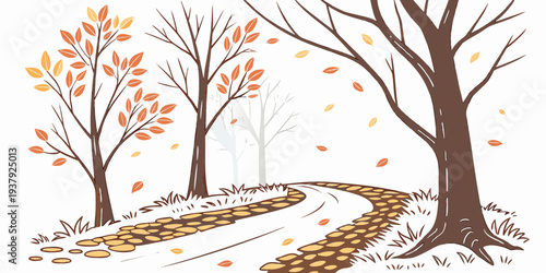 A serene autumn scene with bare trees and a winding path leading into the distance Vector