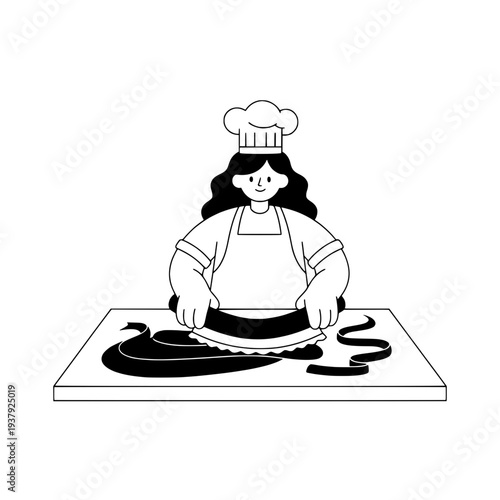 Hand Drawn Chef Preparing Chocolate Illustration or Minimalist Line Art Baker Making Dessert Illustration