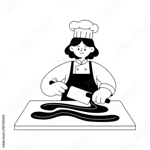Illustration of a chocolatier tempering chocolate or Chef illustration preparing dessert