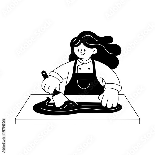 Line art chef preparing dessert illustration or Black and white confectioner making chocolate artwork