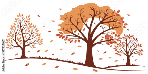 Three trees with orange leaves standing in a row on a white background Vector
