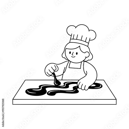 Line art baker illustration or Chocolate tempering process outline graphic