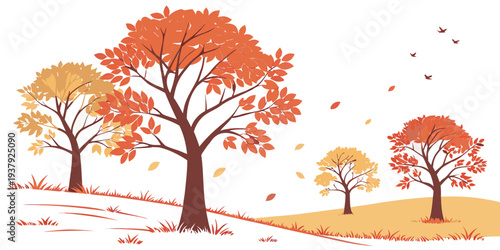 A serene autumn scene with trees shedding their colorful leaves in a peaceful forest. Vector
