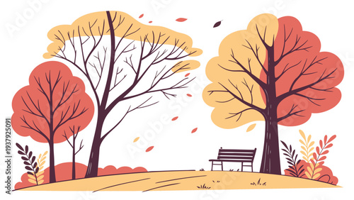 A serene autumn landscape with vibrant red and orange trees and a bench in the distance Vector