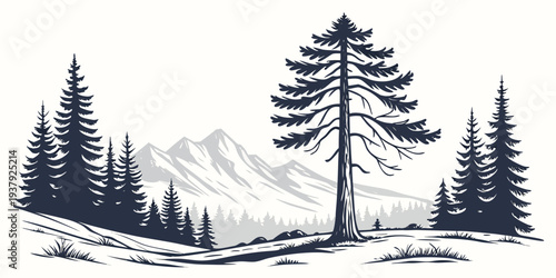 A serene landscape of tall trees standing on a snow-covered mountain peak. Vector