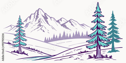 Majestic mountains adorned with lush green trees and a serene lake in the foreground Vector