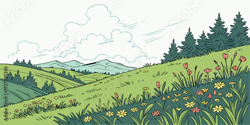 A serene landscape painting depicting a lush green field with a clear blue sky and distant trees Vector