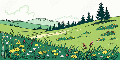 A serene landscape painting of a lush green valley with a winding river and distant mountains Vector