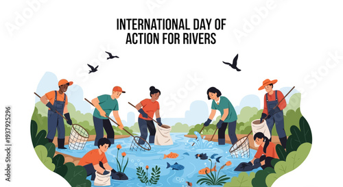 Illustration of people cleaning a river with nets and buckets on International Day of Action for Rivers, promoting river conservation and environmental activism with a green and blue color