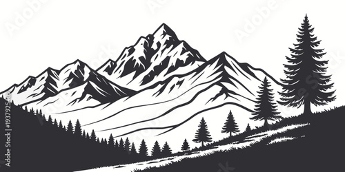 Majestic mountain range with snow-capped peaks and evergreen trees in the foreground Vector