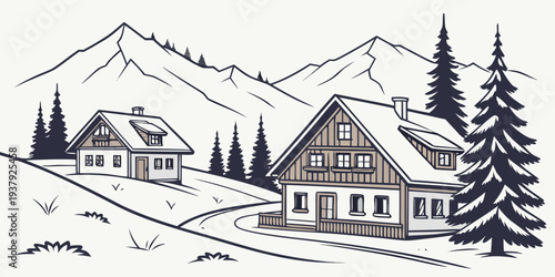 A serene winter landscape with a cozy cabin nestled among snow-covered trees Vector