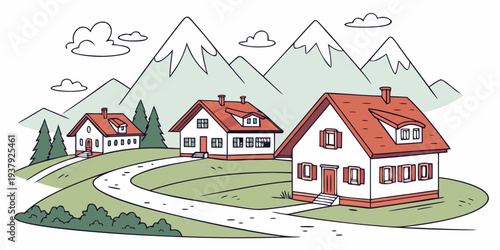 A picturesque village nestled in the mountains with charming houses and lush greenery Vector