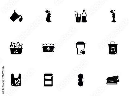 Set of Solid Icons for Waste Management, Consumption, and Disposal Categories