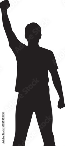 Victorious man silhouette vector illustration with raised arm and clenched fist standing