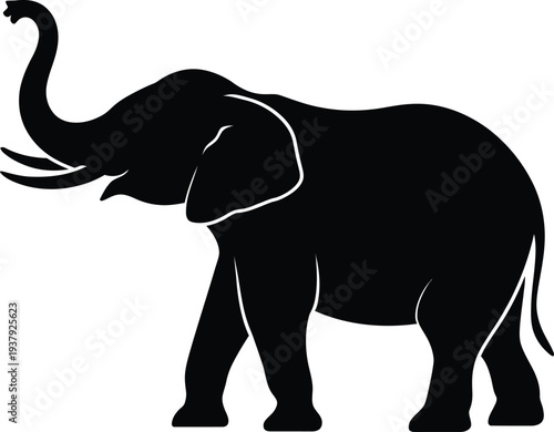 Black elephant silhouette with raised trunk and tusks