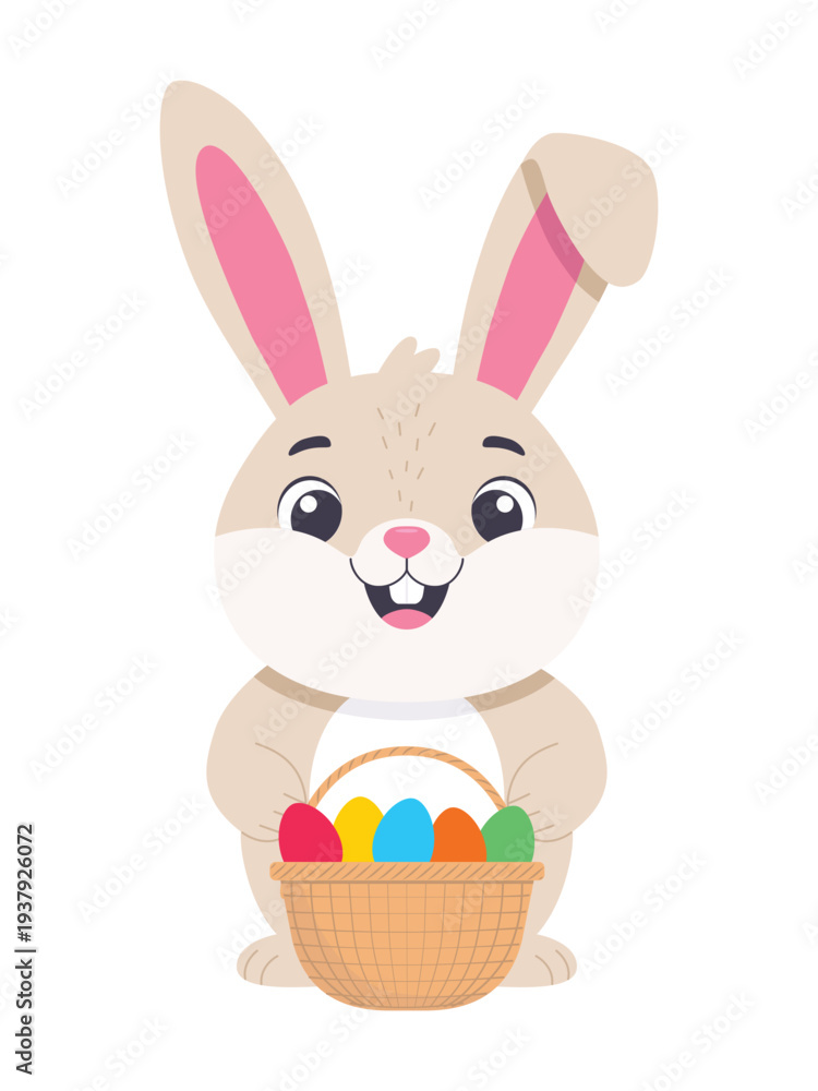 Fototapeta premium A cute bunny holding a wicker basket with colorful Easter eggs. Flat color vector illustration isolated on a white background