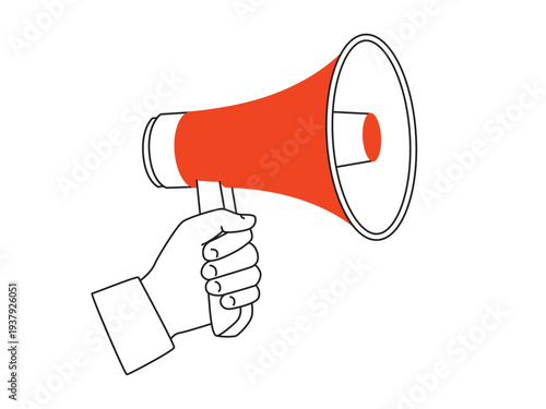 A hand holing a megaphone - outline illustration with red accent. Vector illustration isolated on a white background