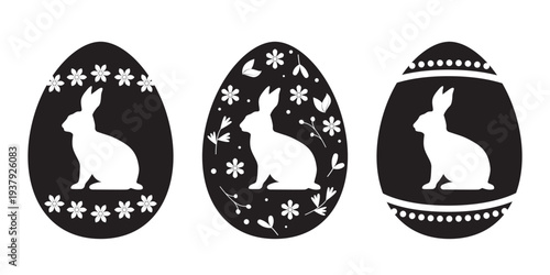 A collection of black silhouettes of Easter eggs decorated with outlines of a bunny and spring plants and flowers. Vector illustration isolated on a white background