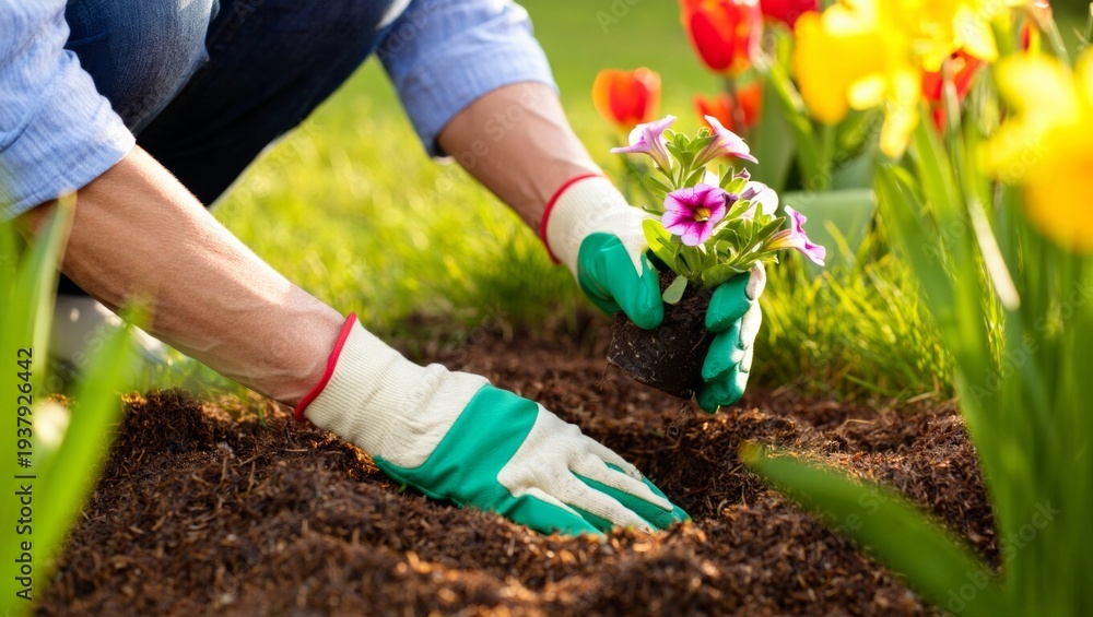 Fototapeta premium Gardening Hands Planting a Flower in Rich Soil — Regenerative Action, Earth Connection & Seasonal Renewal