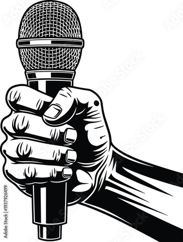 Hand holding microphone vector illustration in black and white sketch style for music performance public speaking karaoke podcast broadcast press conference and interview.