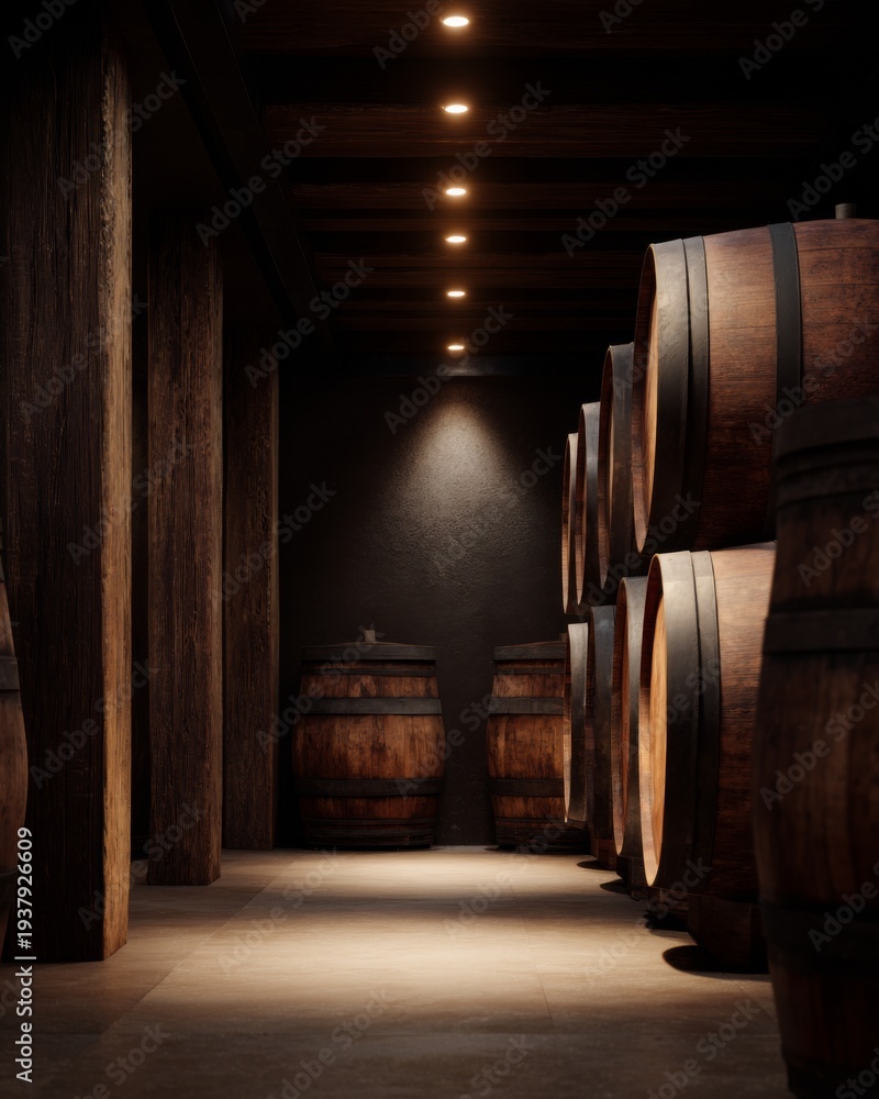 Obraz premium Wine cellar interior with wooden barrels in dark winery storage corridor with warm lighting
