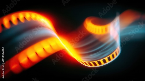 Abstract glowing film strip with orange and blue light on a dark background