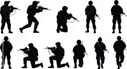 Military soldier silhouettes set with infantry troops in various combat poses including kneeling standing and aiming rifles isolated on white background for tactical design.
