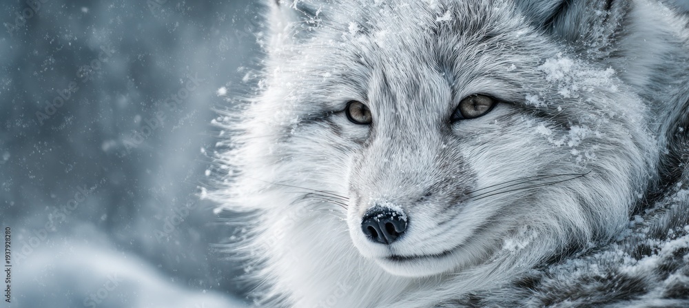 Fototapeta premium Adult Arctic fox stares through a blizzard as snowflakes settle on its white fur. This portrait shows the animal's intense eyes in the freezing cold.