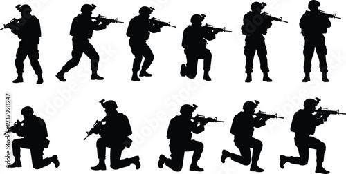 Military soldier silhouettes set with infantry troops in various combat poses including kneeling standing and aiming rifles isolated on white background for tactical design.