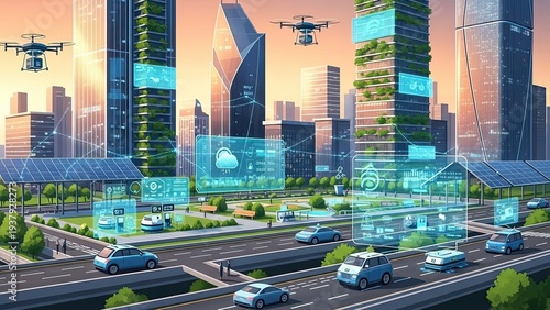 Futuristic cityscape with drones flying over modern skyscrapers and busy highway at sunset showcasing urban technology and innovation