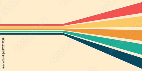 Retro inspired rainbow waves pattern with colorful curvy lines. Groovy vintage 70s background, abstract psychedelic sunshine design with warm summer color texture.