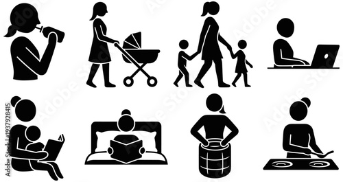 Caregiving and household silhouette icons set featuring parenting, laptop work, cooking, laundry, reading, breastfeeding, and daily lifestyle graphics