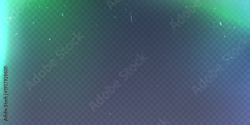 Camera lens effect on black transparent background and teal blue colors with noise texture. Gritty film leak filter and northern light effect with grain for mobile photo, green lens flare bokeh bg.